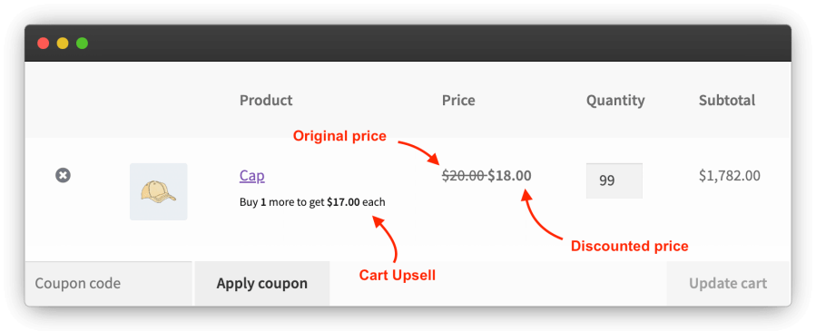 Upsells in cart. Tiered Pricing discount in cart