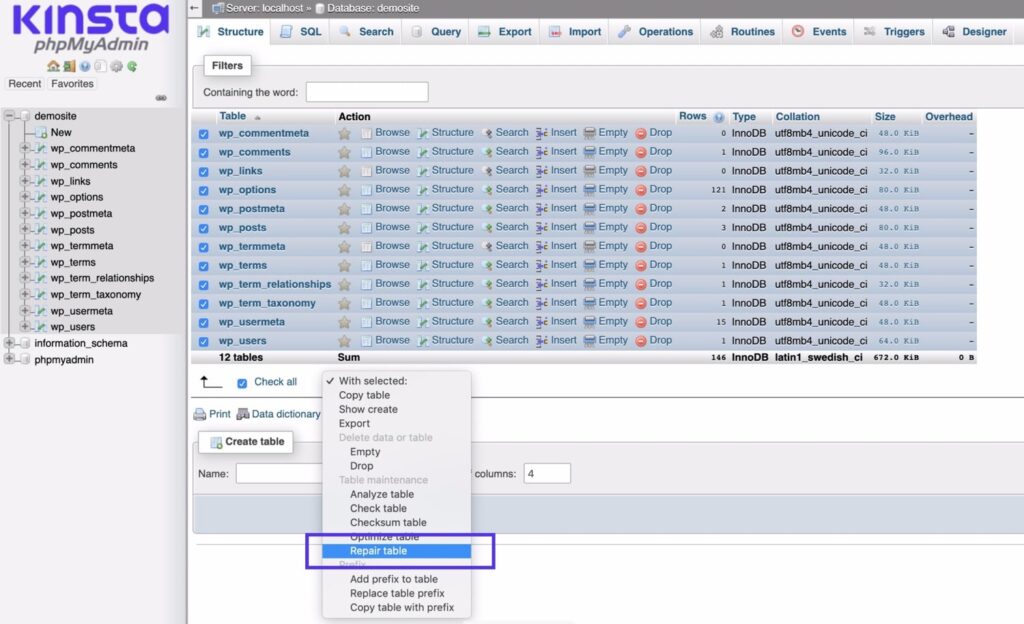Repairing the database in phpmyAdmin