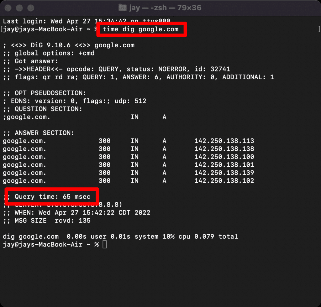 Using dig to test DNS server response time o