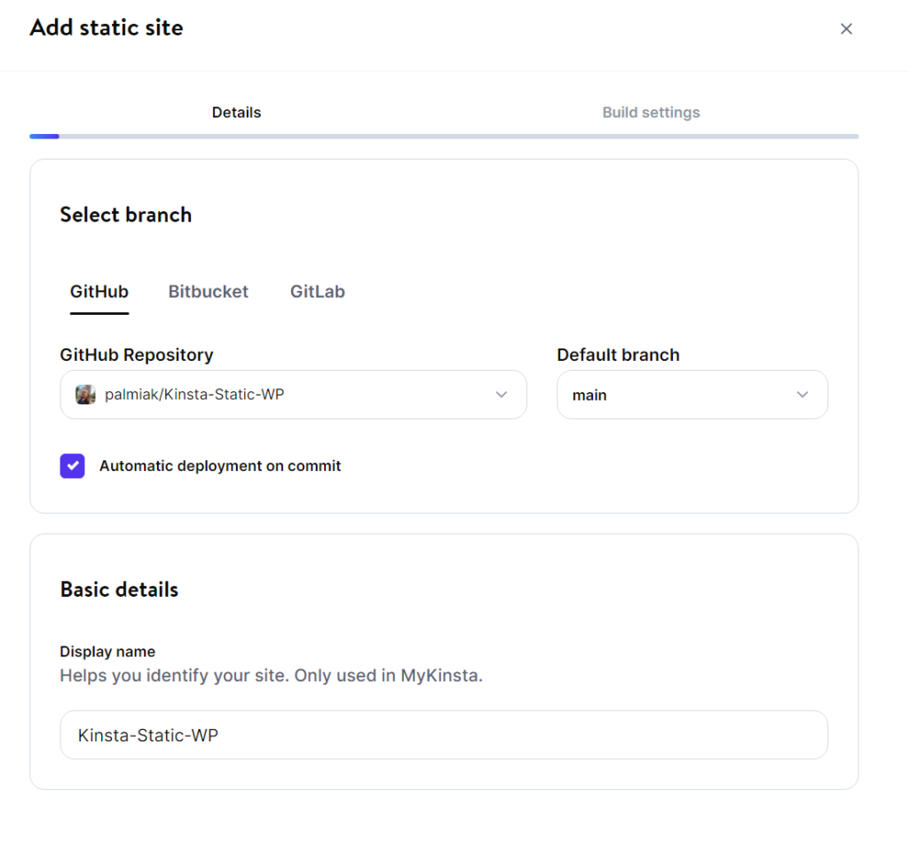 Kinsta_s UI showing a new static site being