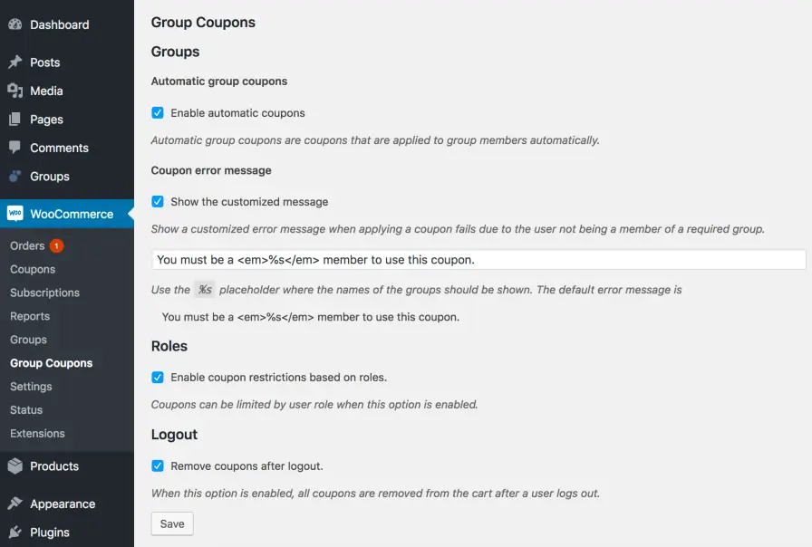 group coupons settings